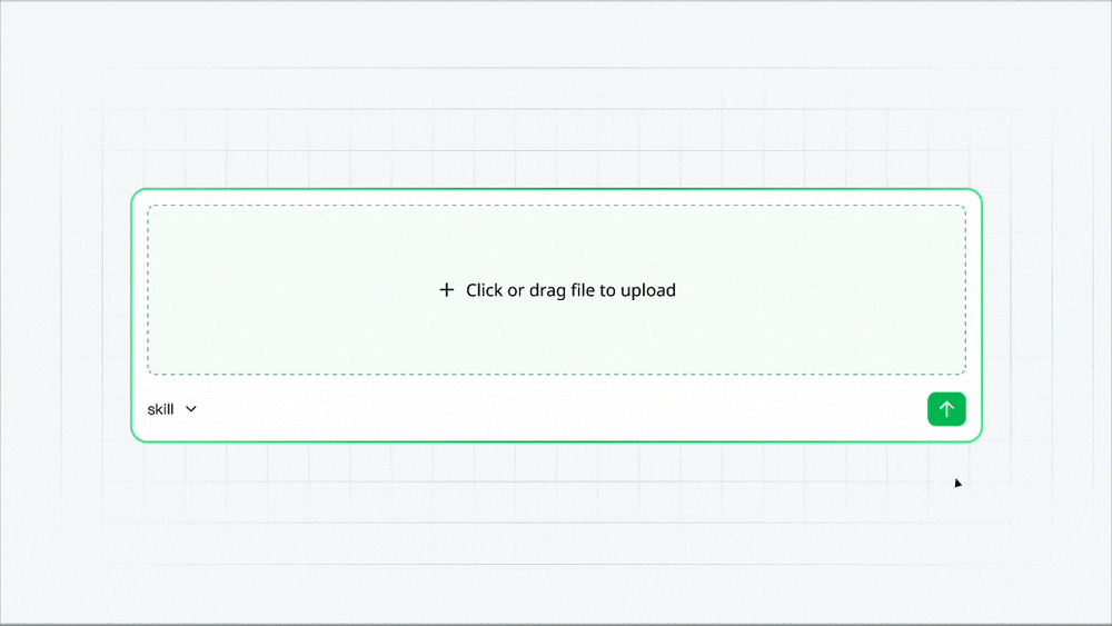 YumiAI hardware design start: Create from file selected; drag or click to upload (e.g. BOM.xlsx), choose a skill, submit for AI analysis and maintenance of existing projects